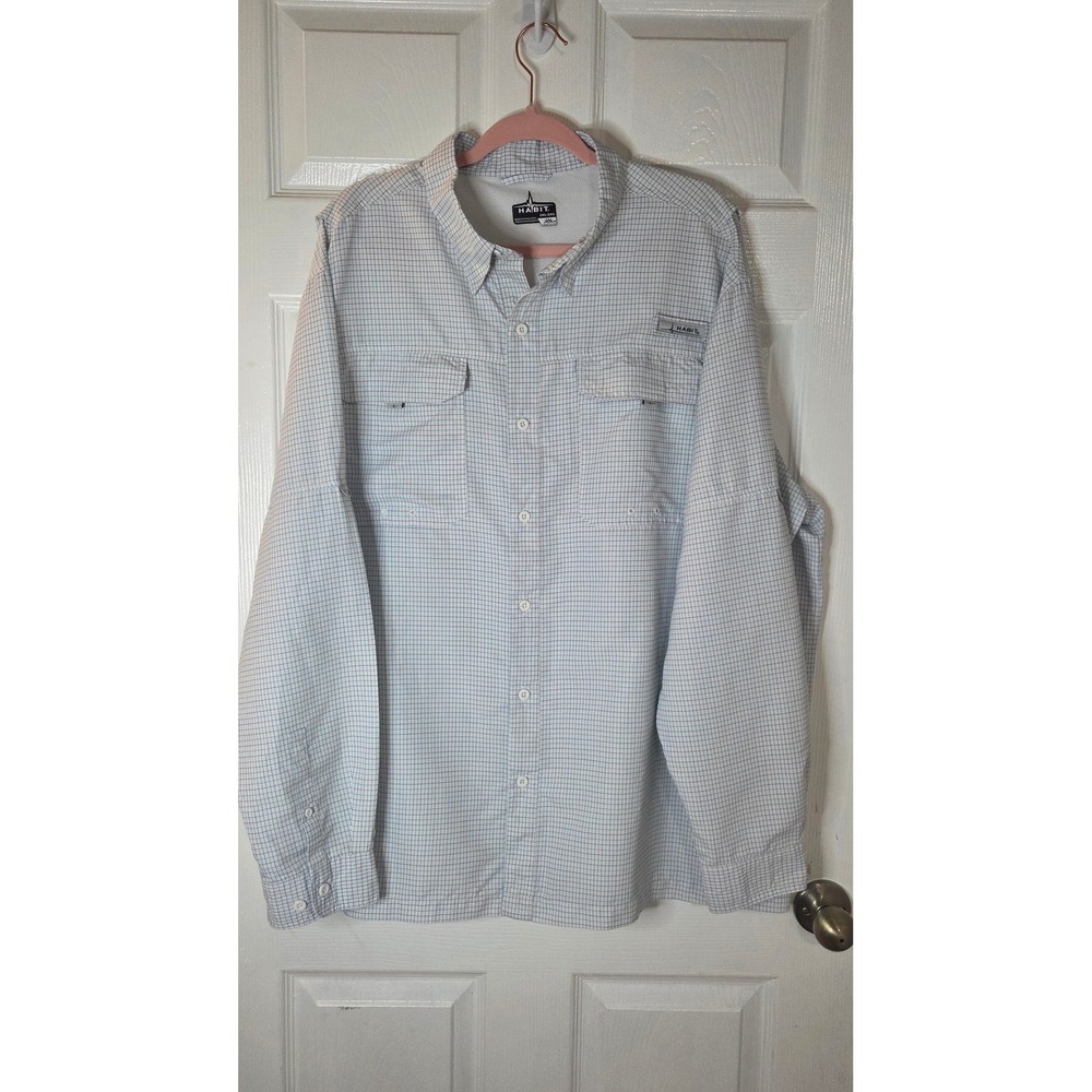 Habit Outdoors Mens 2XL Fishing Shirt Long Sleeve UPF 40+ Blue White Grid PFG
